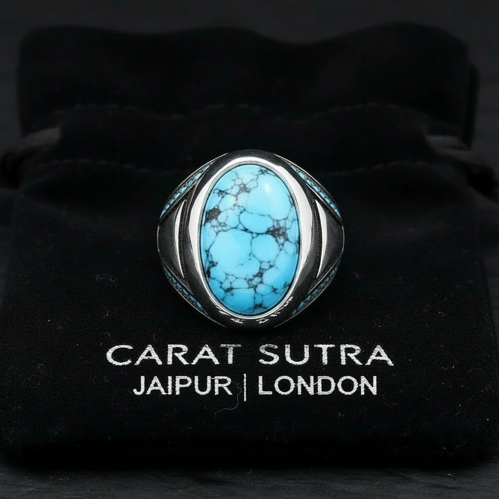 RARE PRINCE by CARAT SUTRA | Unique Designed Turkish Style Ring with Natural Turquoise (Firoza)| 925 Sterling Silver Oxidized Ring | Men's Jewelry | With Certificate of Authenticity and 925 Hallmark - Image 2
