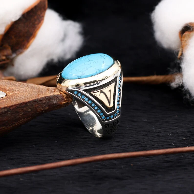 RARE PRINCE by CARAT SUTRA | Unique Designed Turkish Style Ring with Natural Turquoise (Firoza)| 925 Sterling Silver Oxidized Ring | Men's Jewelry | With Certificate of Authenticity and 925 Hallmark - Image 3