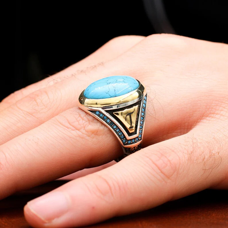 RARE PRINCE by CARAT SUTRA | Unique Designed Turkish Style Ring with Natural Turquoise (Firoza)| 925 Sterling Silver Oxidized Ring | Men's Jewelry | With Certificate of Authenticity and 925 Hallmark - Image 4