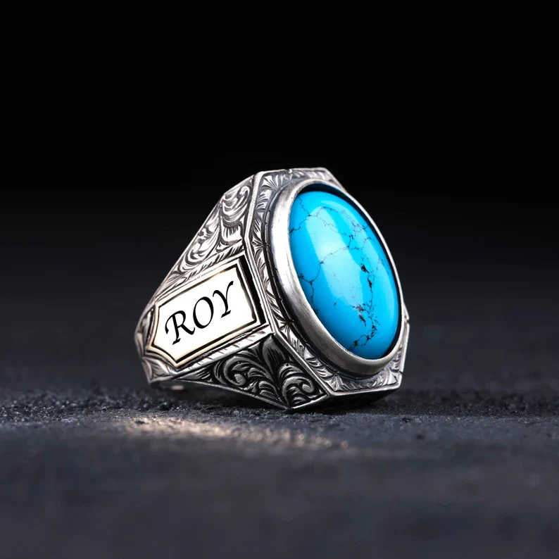 RARE PRINCE by CARAT SUTRA | Unique Designed Turkish Style Ring with Natural Irani Turquoise (Firoza) | 925 Sterling Silver Oxidized Ring | Men's Jewelry | With Certificate of Authenticity and 925 Hallmark