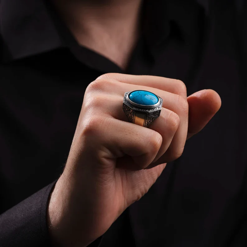 RARE PRINCE by CARAT SUTRA | Unique Designed Turkish Style Ring with Natural Irani Turquoise (Firoza) | 925 Sterling Silver Oxidized Ring | Men's Jewelry | With Certificate of Authenticity and 925 Hallmark - Image 2
