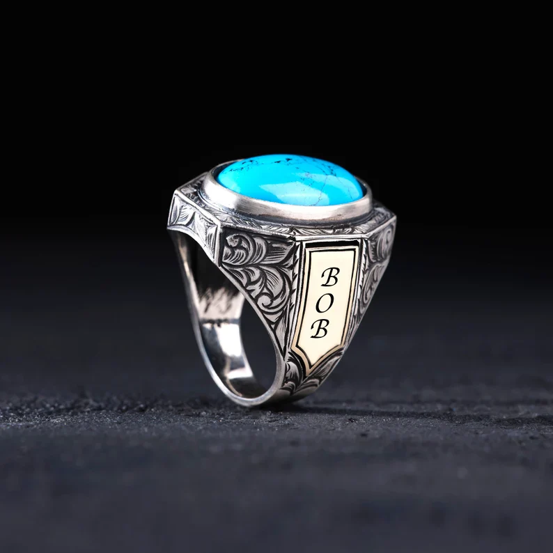 RARE PRINCE by CARAT SUTRA | Unique Designed Turkish Style Ring with Natural Irani Turquoise (Firoza) | 925 Sterling Silver Oxidized Ring | Men's Jewelry | With Certificate of Authenticity and 925 Hallmark - Image 3