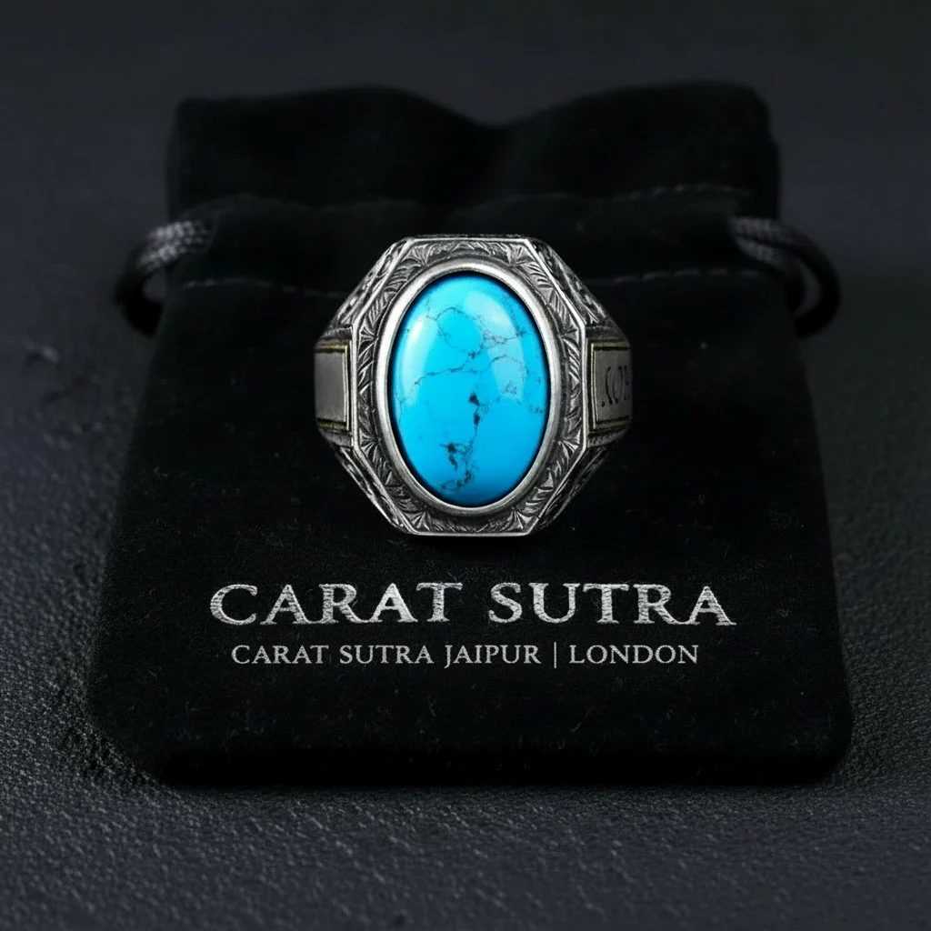 RARE PRINCE by CARAT SUTRA | Unique Designed Turkish Style Ring with Natural Irani Turquoise (Firoza) | 925 Sterling Silver Oxidized Ring | Men's Jewelry | With Certificate of Authenticity and 925 Hallmark - Image 4