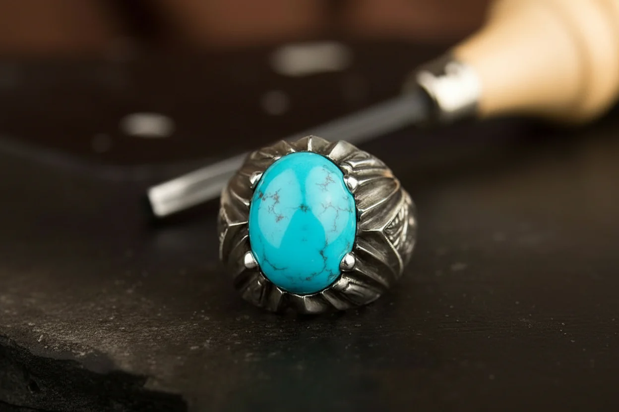 RARE PRINCE by CARAT SUTRA | Unique Designed Turkish Style Ring with Natural Irani Turquoise (Firoza) | 925 Sterling Silver Oxidized Ring | Men's Jewelry | With Certificate of Authenticity and 925 Hallmark