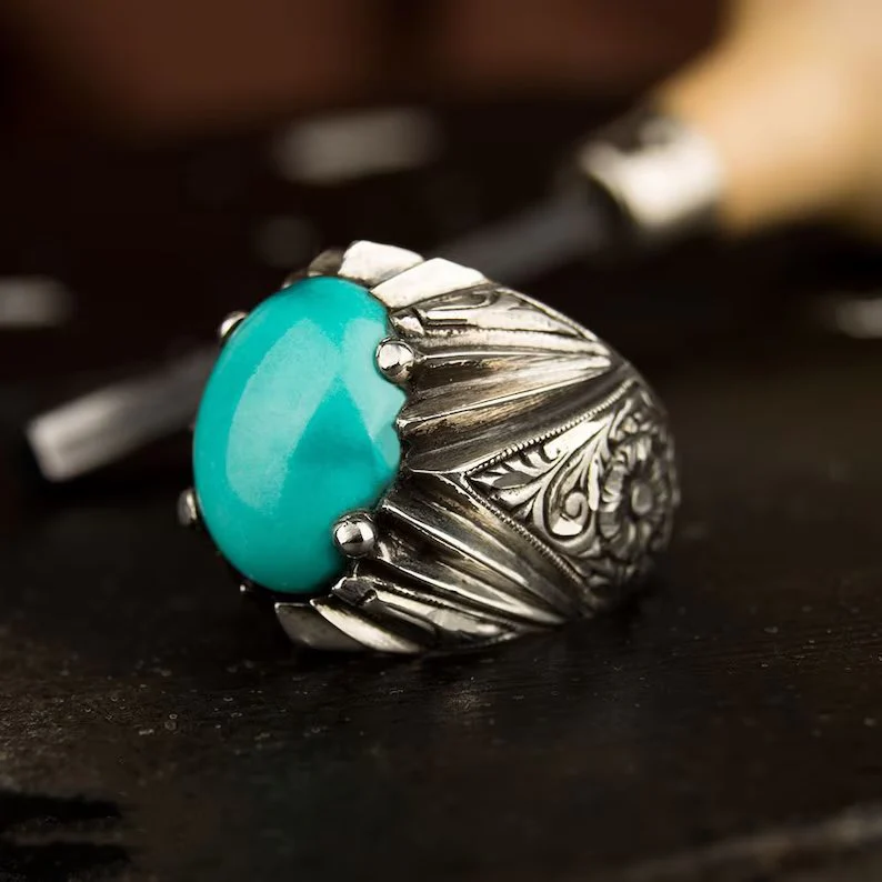 RARE PRINCE by CARAT SUTRA | Unique Designed Turkish Style Ring with Natural Irani Turquoise (Firoza) | 925 Sterling Silver Oxidized Ring | Men's Jewelry | With Certificate of Authenticity and 925 Hallmark - Image 2