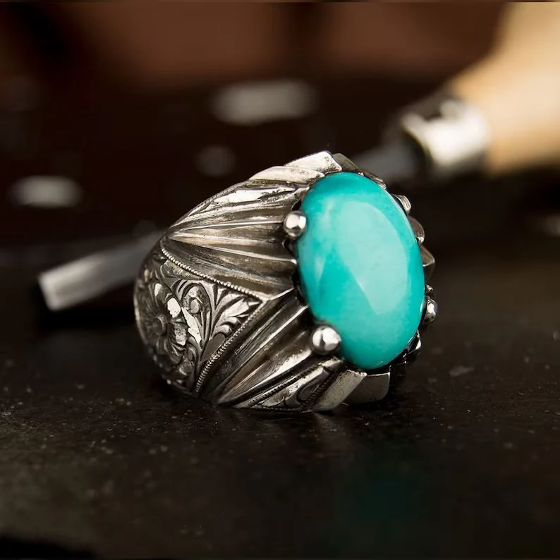 RARE PRINCE by CARAT SUTRA | Unique Designed Turkish Style Ring with Natural Irani Turquoise (Firoza) | 925 Sterling Silver Oxidized Ring | Men's Jewelry | With Certificate of Authenticity and 925 Hallmark - Image 3