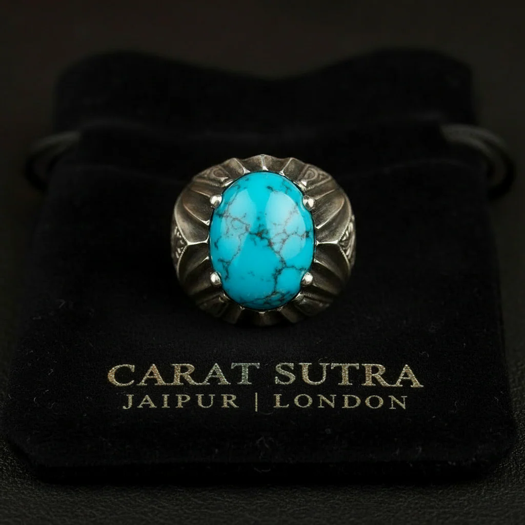 RARE PRINCE by CARAT SUTRA | Unique Designed Turkish Style Ring with Natural Irani Turquoise (Firoza) | 925 Sterling Silver Oxidized Ring | Men's Jewelry | With Certificate of Authenticity and 925 Hallmark - Image 4