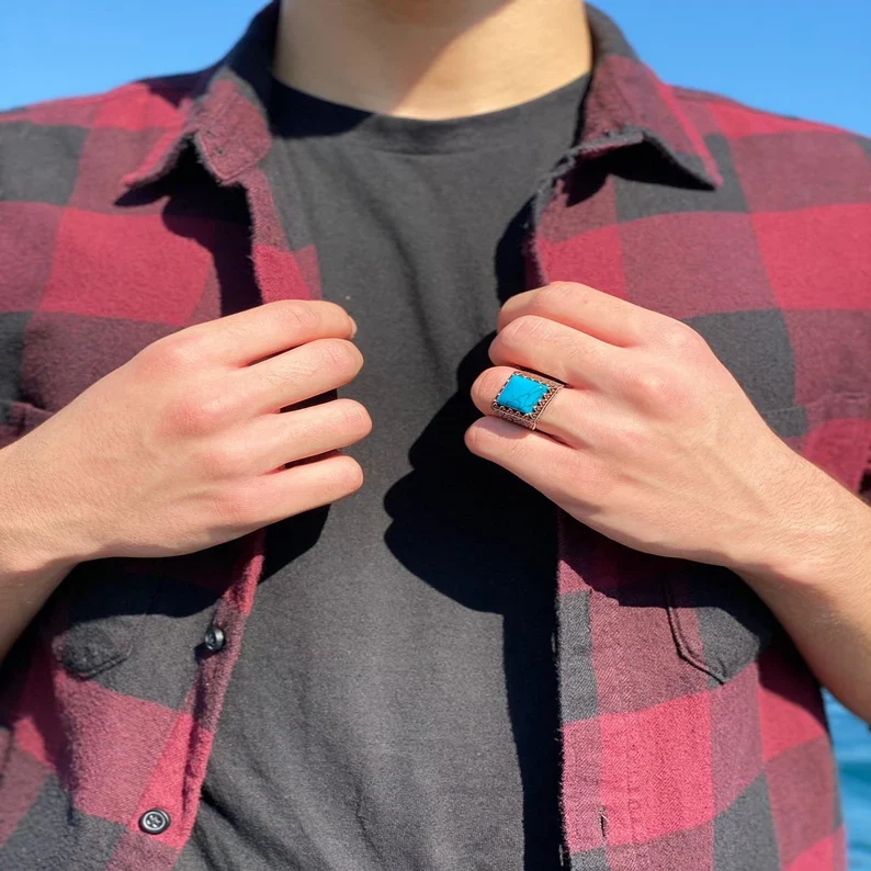 RARE PRINCE by CARAT SUTRA | Unique Designed Turkish Style Ring with Natural Irani Origin Turquoise | 925 Sterling Silver Oxidized Ring |With Certificate of Authenticity and 925 Hallmark - Image 2