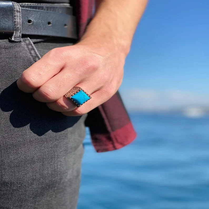 RARE PRINCE by CARAT SUTRA | Unique Designed Turkish Style Ring with Natural Irani Origin Turquoise | 925 Sterling Silver Oxidized Ring |With Certificate of Authenticity and 925 Hallmark - Image 3