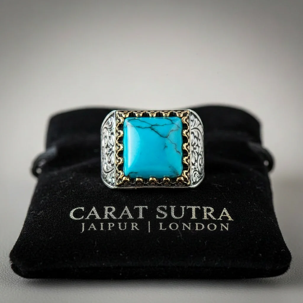 RARE PRINCE by CARAT SUTRA | Unique Designed Turkish Style Ring with Natural Irani Origin Turquoise | 925 Sterling Silver Oxidized Ring |With Certificate of Authenticity and 925 Hallmark - Image 4