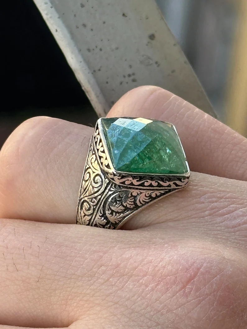 Tilted Square Designed Turkish Style Ring with Natural Emerald | 925 Sterling Silver Oxidized Ring | With Certificate of Authenticity and 925 Hallmark - Image 3