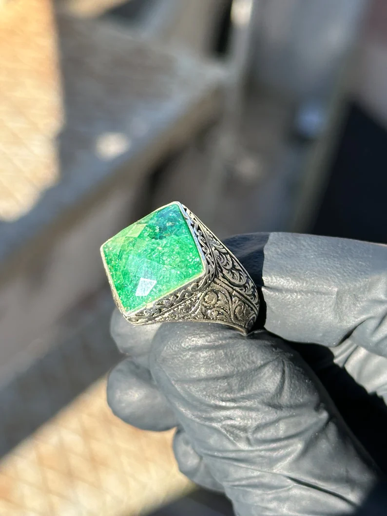 Tilted Square Designed Turkish Style Ring with Natural Emerald | 925 Sterling Silver Oxidized Ring | With Certificate of Authenticity and 925 Hallmark - Image 4