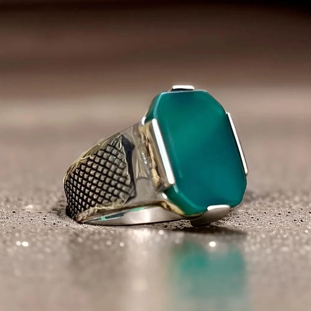 RARE PRINCE by CARAT SUTRA | Unique Designed Turkish Style Ring with Natural Green Onyx | 925 Sterling Silver Oxidized Ring | Men's Jewelry | With Certificate of Authenticity and 925 Hallmark