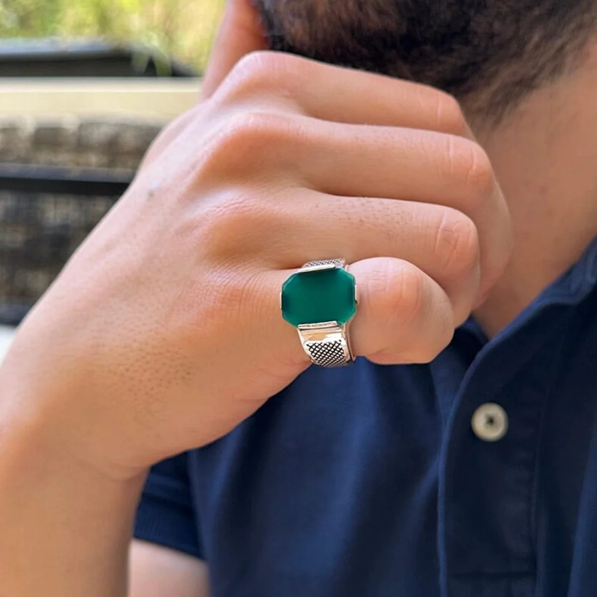 RARE PRINCE by CARAT SUTRA | Unique Designed Turkish Style Ring with Natural Green Onyx | 925 Sterling Silver Oxidized Ring | Men's Jewelry | With Certificate of Authenticity and 925 Hallmark - Image 3