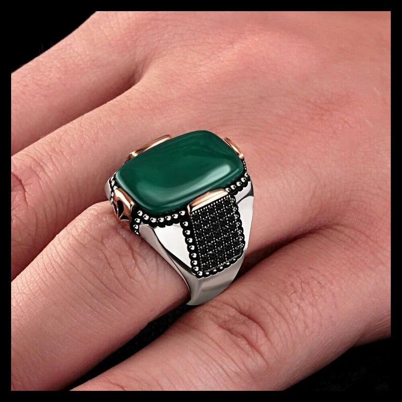 RARE PRINCE by CARAT SUTRA | Unique Designed Turkish Style Ring with Natural Green Onyx | 925 Sterling Silver Oxidized Ring | Men's Jewelry | With Certificate of Authenticity and 925 Hallmark - Image 3
