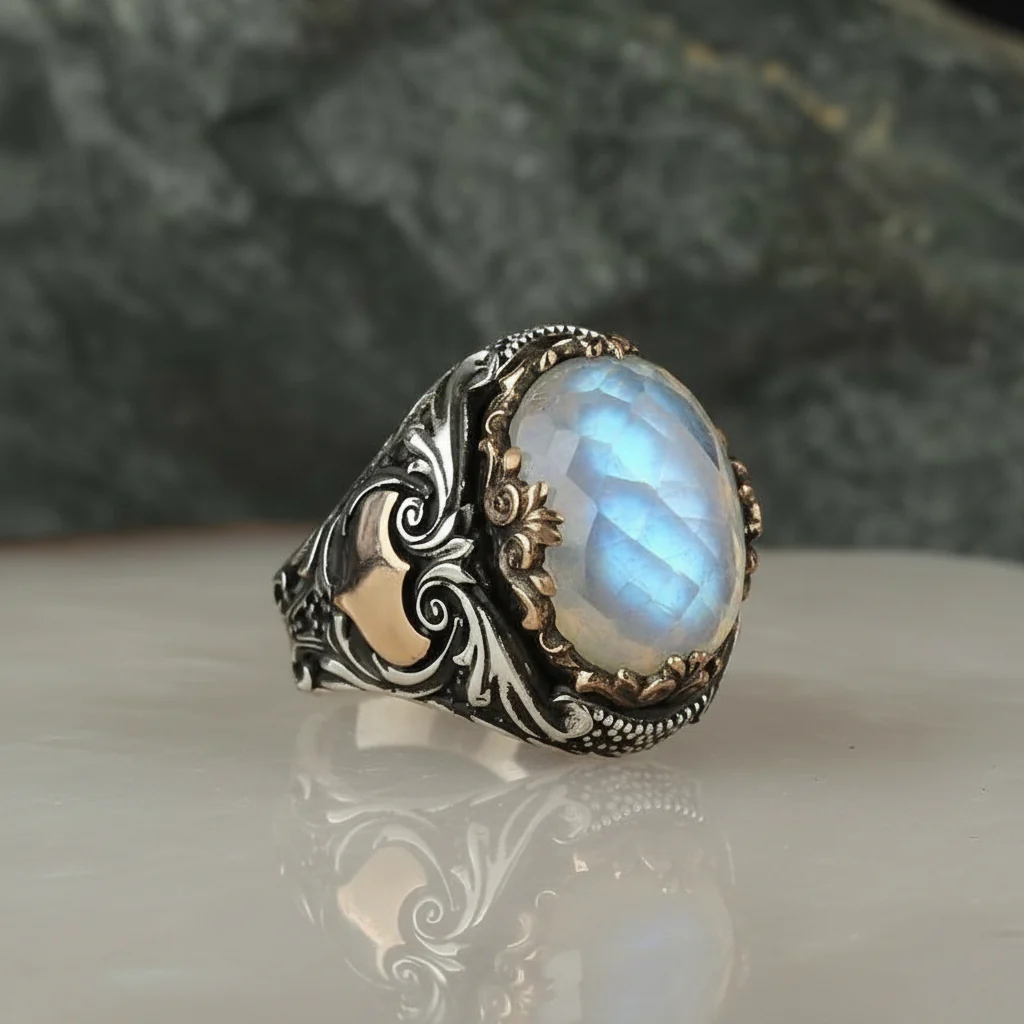 RARE PRINCE by CARAT SUTRA | Unique Designed Turkish Style Ring with Natural Rainbow Moonstone | 925 Sterling Silver Oxidized Ring | Men's Jewelry | With Certificate of Authenticity and 925 Hallmark