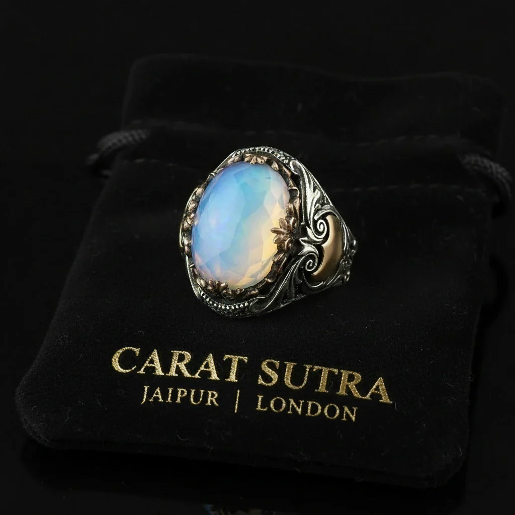 RARE PRINCE by CARAT SUTRA | Unique Designed Turkish Style Ring with Natural Rainbow Moonstone | 925 Sterling Silver Oxidized Ring | Men's Jewelry | With Certificate of Authenticity and 925 Hallmark - Image 2