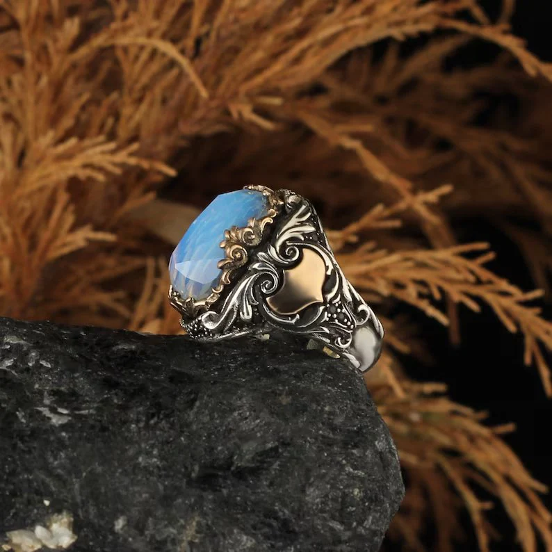 RARE PRINCE by CARAT SUTRA | Unique Designed Turkish Style Ring with Natural Rainbow Moonstone | 925 Sterling Silver Oxidized Ring | Men's Jewelry | With Certificate of Authenticity and 925 Hallmark - Image 3
