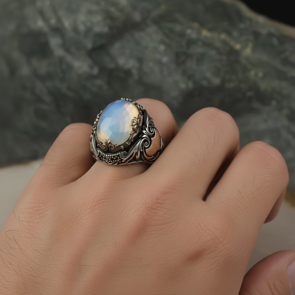RARE PRINCE by CARAT SUTRA | Unique Designed Turkish Style Ring with Natural Rainbow Moonstone | 925 Sterling Silver Oxidized Ring | Men's Jewelry | With Certificate of Authenticity and 925 Hallmark - Image 4