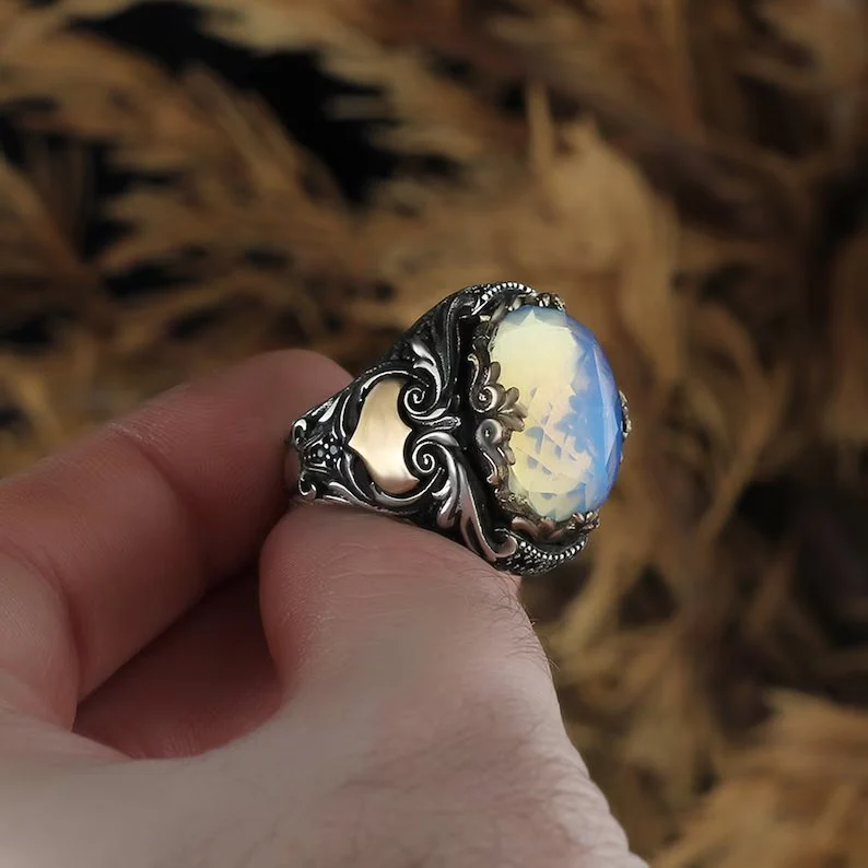 RARE PRINCE by CARAT SUTRA | Unique Designed Turkish Style Ring with Natural Rainbow Moonstone | 925 Sterling Silver Oxidized Ring | Men's Jewelry | With Certificate of Authenticity and 925 Hallmark - Image 5