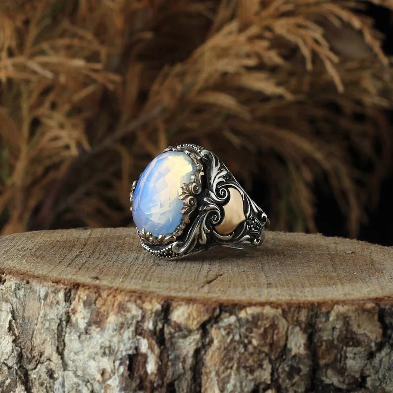 RARE PRINCE by CARAT SUTRA | Unique Designed Turkish Style Ring with Natural Rainbow Moonstone | 925 Sterling Silver Oxidized Ring | Men's Jewelry | With Certificate of Authenticity and 925 Hallmark - Image 6