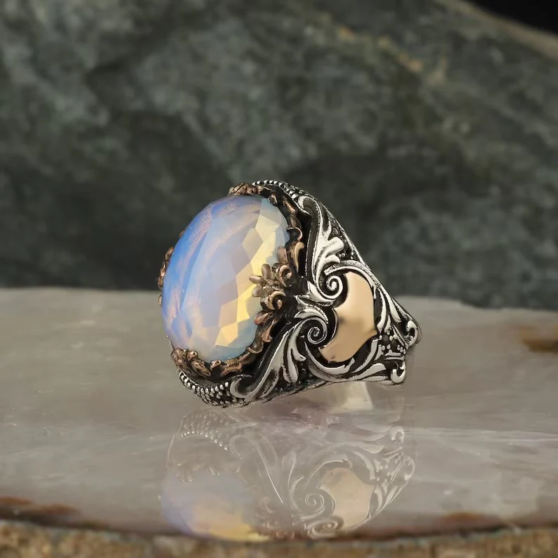 RARE PRINCE by CARAT SUTRA | Unique Designed Turkish Style Ring with Natural Rainbow Moonstone | 925 Sterling Silver Oxidized Ring | Men's Jewelry | With Certificate of Authenticity and 925 Hallmark - Image 7