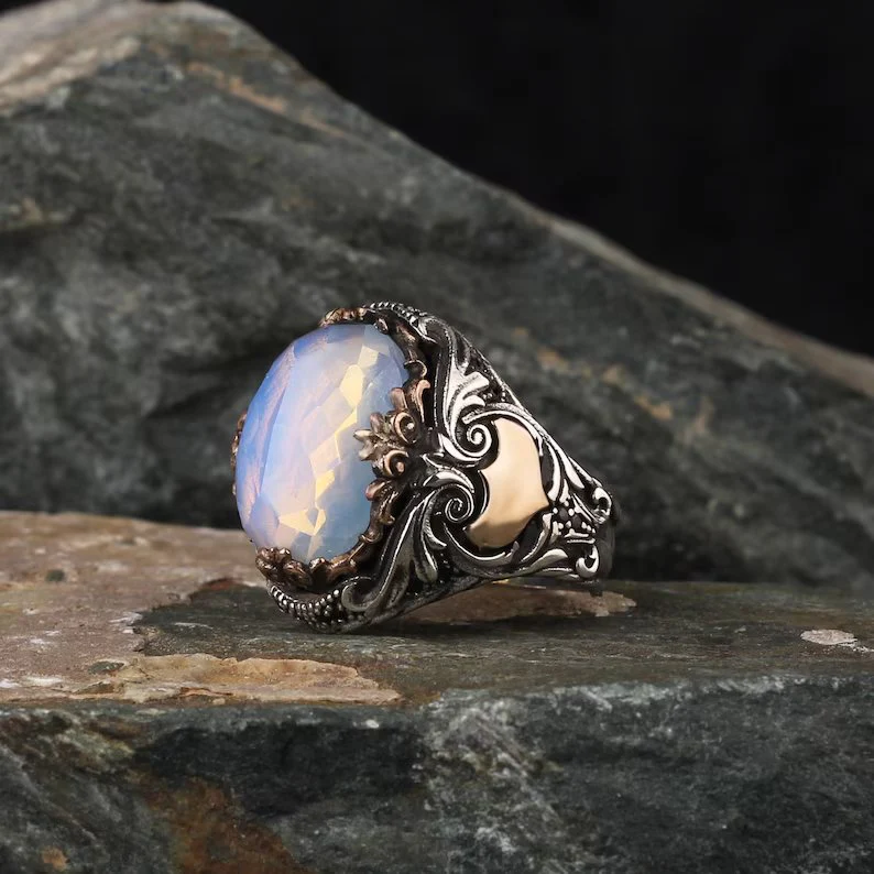 RARE PRINCE by CARAT SUTRA | Unique Designed Turkish Style Ring with Natural Rainbow Moonstone | 925 Sterling Silver Oxidized Ring | Men's Jewelry | With Certificate of Authenticity and 925 Hallmark - Image 8