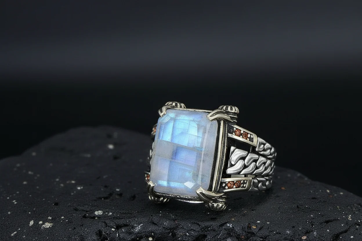 RARE PRINCE by CARAT SUTRA | Unique Designed Turkish Style Ring with Natural Moonstone | 925 Sterling Silver Oxidized Ring | Men's Jewelry | With Certificate of Authenticity and 925 Hallmark