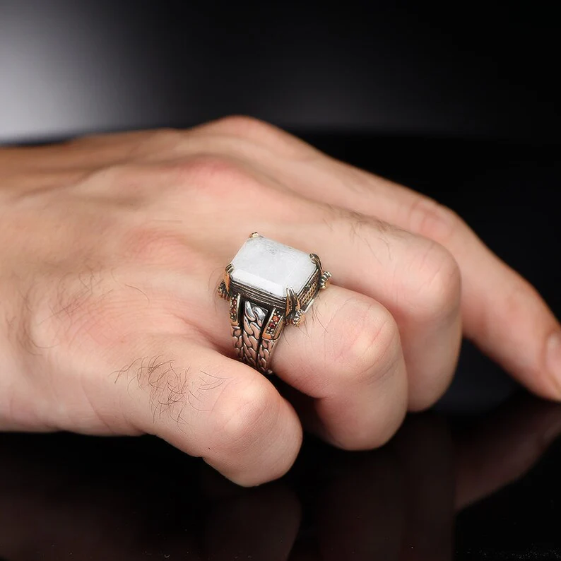 RARE PRINCE by CARAT SUTRA | Unique Designed Turkish Style Ring with Natural Moonstone | 925 Sterling Silver Oxidized Ring | Men's Jewelry | With Certificate of Authenticity and 925 Hallmark - Image 2
