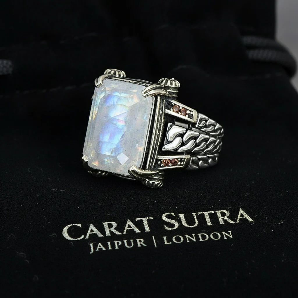 RARE PRINCE by CARAT SUTRA | Unique Designed Turkish Style Ring with Natural Moonstone | 925 Sterling Silver Oxidized Ring | Men's Jewelry | With Certificate of Authenticity and 925 Hallmark - Image 3
