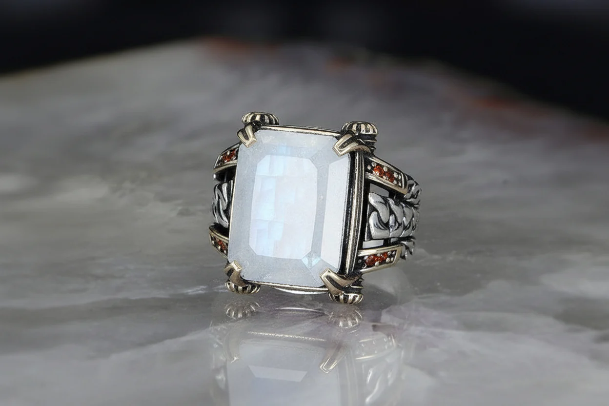 RARE PRINCE by CARAT SUTRA | Unique Designed Turkish Style Ring with Natural Moonstone | 925 Sterling Silver Oxidized Ring | Men's Jewelry | With Certificate of Authenticity and 925 Hallmark - Image 4