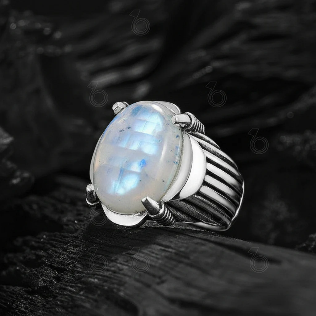RARE PRINCE by CARAT SUTRA | Unique Designed Turkish Style Ring with Natural Moonstone | 925 Sterling Silver Oxidized Ring | MRen's Jewelry | With Certificate of Authenticity and 925 Hallmark