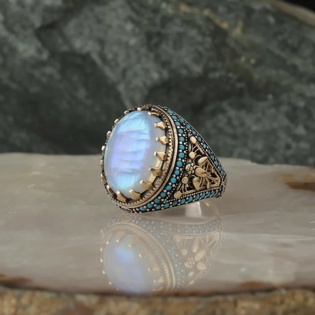 RARE PRINCE by CARAT SUTRA | Unique Designed Turkish Style Ring with Natural Rainbow Moonstone | 925 Sterling Silver Oxidized Ring | Men's Jewelry | With Certificate of Authenticity and 925 Hallmark