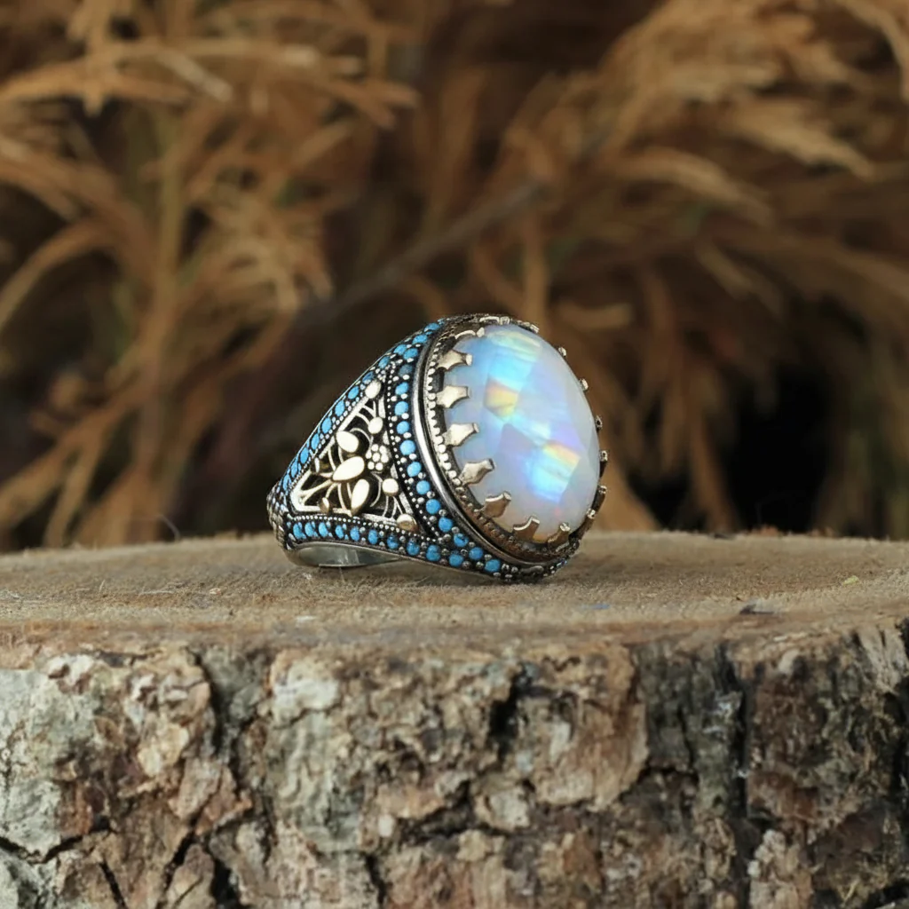 RARE PRINCE by CARAT SUTRA | Unique Designed Turkish Style Ring with Natural Rainbow Moonstone | 925 Sterling Silver Oxidized Ring | Men's Jewelry | With Certificate of Authenticity and 925 Hallmark - Image 2