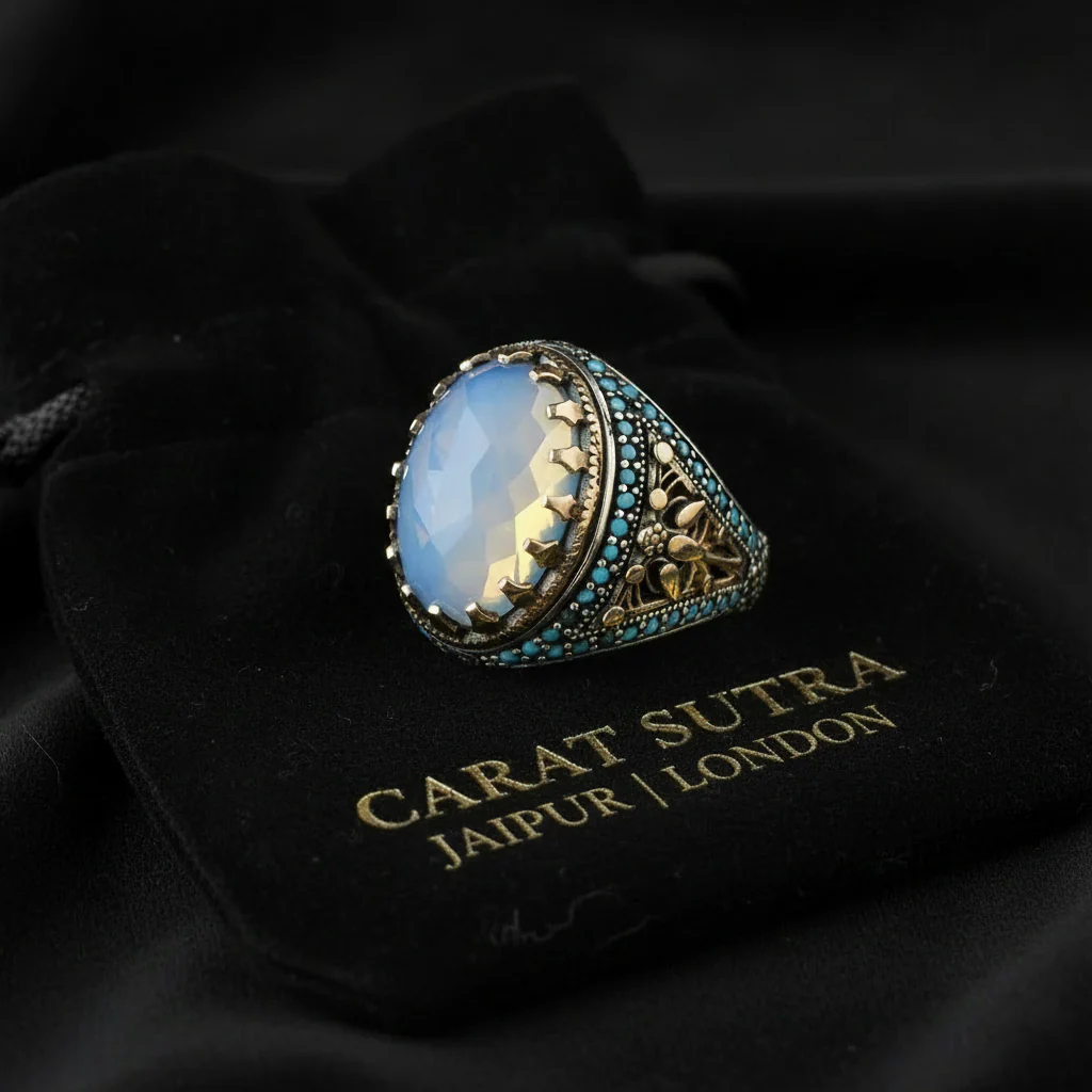 RARE PRINCE by CARAT SUTRA | Unique Designed Turkish Style Ring with Natural Rainbow Moonstone | 925 Sterling Silver Oxidized Ring | Men's Jewelry | With Certificate of Authenticity and 925 Hallmark - Image 3