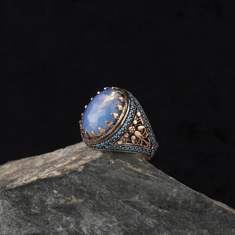 RARE PRINCE by CARAT SUTRA | Unique Designed Turkish Style Ring with Natural Rainbow Moonstone | 925 Sterling Silver Oxidized Ring | Men's Jewelry | With Certificate of Authenticity and 925 Hallmark - Image 4