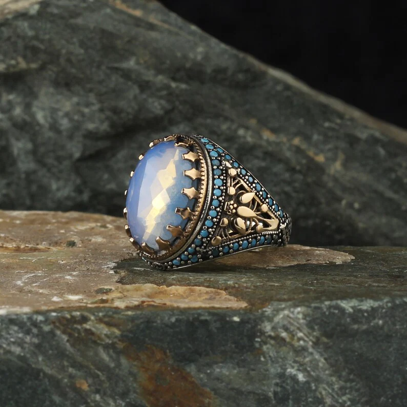 RARE PRINCE by CARAT SUTRA | Unique Designed Turkish Style Ring with Natural Rainbow Moonstone | 925 Sterling Silver Oxidized Ring | Men's Jewelry | With Certificate of Authenticity and 925 Hallmark - Image 5