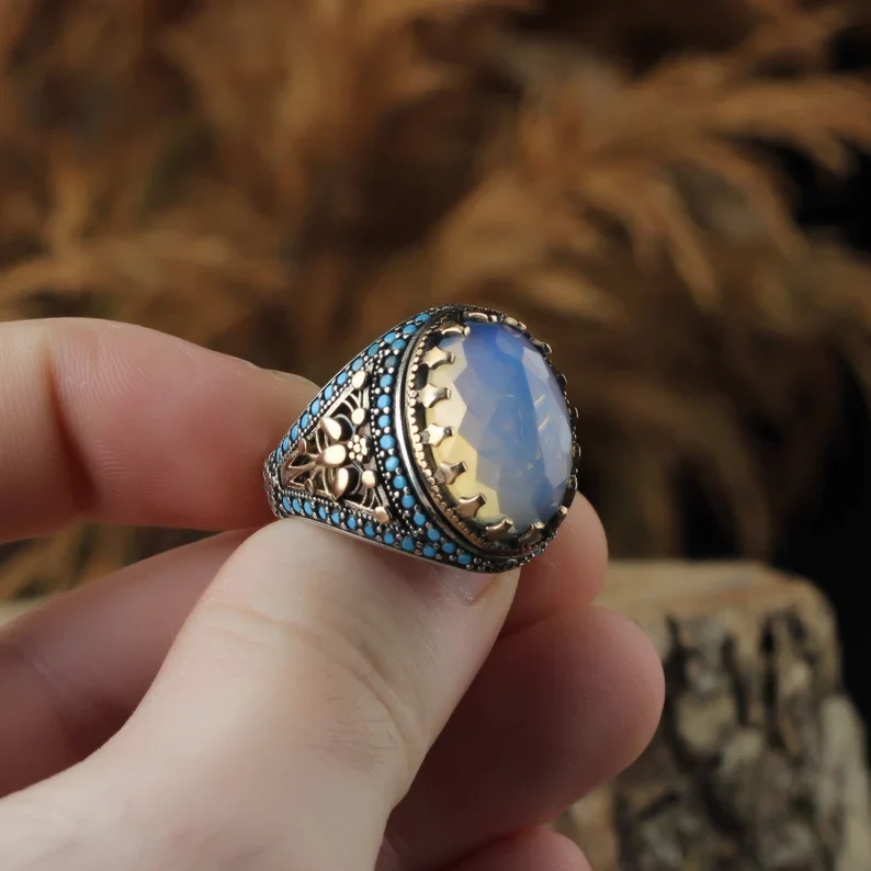 RARE PRINCE by CARAT SUTRA | Unique Designed Turkish Style Ring with Natural Rainbow Moonstone | 925 Sterling Silver Oxidized Ring | Men's Jewelry | With Certificate of Authenticity and 925 Hallmark - Image 6