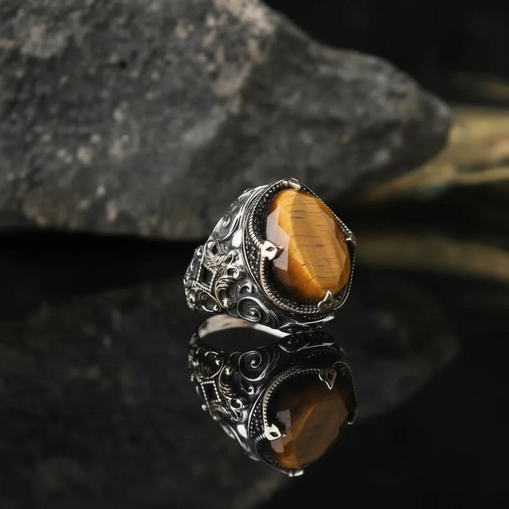 RARE PRINCE by CARAT SUTRA | Unique Designed Turkish Style Ring with Natural Tiger Eye | 925 Sterling Silver Oxidized Ring | Men's Jewelry | With Certificate of Authenticity and 925 Hallmark