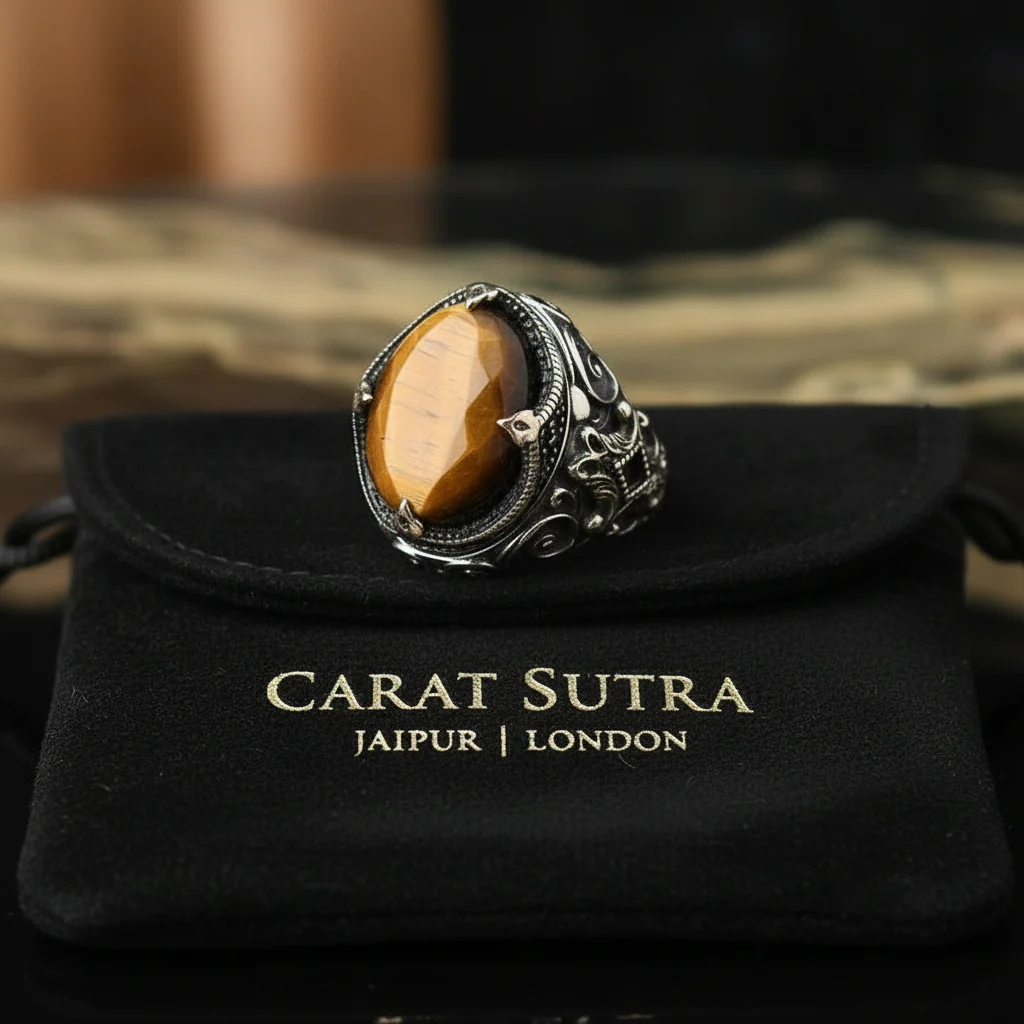 RARE PRINCE by CARAT SUTRA | Unique Designed Turkish Style Ring with Natural Tiger Eye | 925 Sterling Silver Oxidized Ring | Men's Jewelry | With Certificate of Authenticity and 925 Hallmark - Image 2