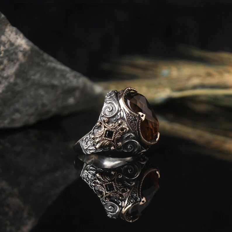 RARE PRINCE by CARAT SUTRA | Unique Designed Turkish Style Ring with Natural Tiger Eye | 925 Sterling Silver Oxidized Ring | Men's Jewelry | With Certificate of Authenticity and 925 Hallmark - Image 3