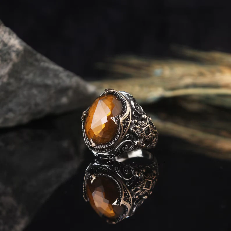 RARE PRINCE by CARAT SUTRA | Unique Designed Turkish Style Ring with Natural Tiger Eye | 925 Sterling Silver Oxidized Ring | Men's Jewelry | With Certificate of Authenticity and 925 Hallmark - Image 4