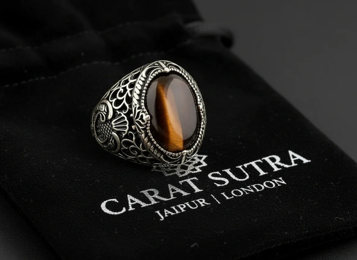 RARE PRINCE by CARAT SUTRA | Unique Designed Turkish Style Ring with Natural Tiger Eye | 925 Sterling Silver Oxidized Ring | Men's Jewelry | With Certificate of Authenticity and 925 Hallmark - Image 3