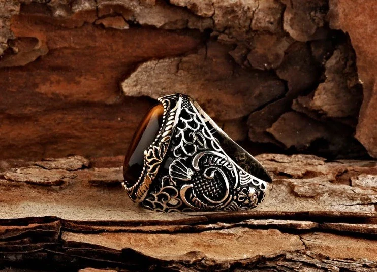 RARE PRINCE by CARAT SUTRA | Unique Designed Turkish Style Ring with Natural Tiger Eye | 925 Sterling Silver Oxidized Ring | Men's Jewelry | With Certificate of Authenticity and 925 Hallmark - Image 4
