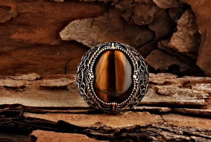 RARE PRINCE by CARAT SUTRA | Unique Designed Turkish Style Ring with Natural Tiger Eye | 925 Sterling Silver Oxidized Ring | Men's Jewelry | With Certificate of Authenticity and 925 Hallmark - Image 5