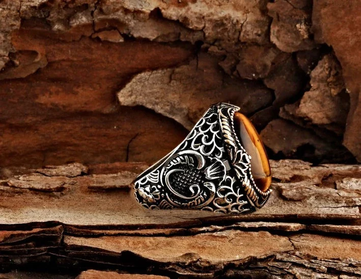 RARE PRINCE by CARAT SUTRA | Unique Designed Turkish Style Ring with Natural Tiger Eye | 925 Sterling Silver Oxidized Ring | Men's Jewelry | With Certificate of Authenticity and 925 Hallmark - Image 6