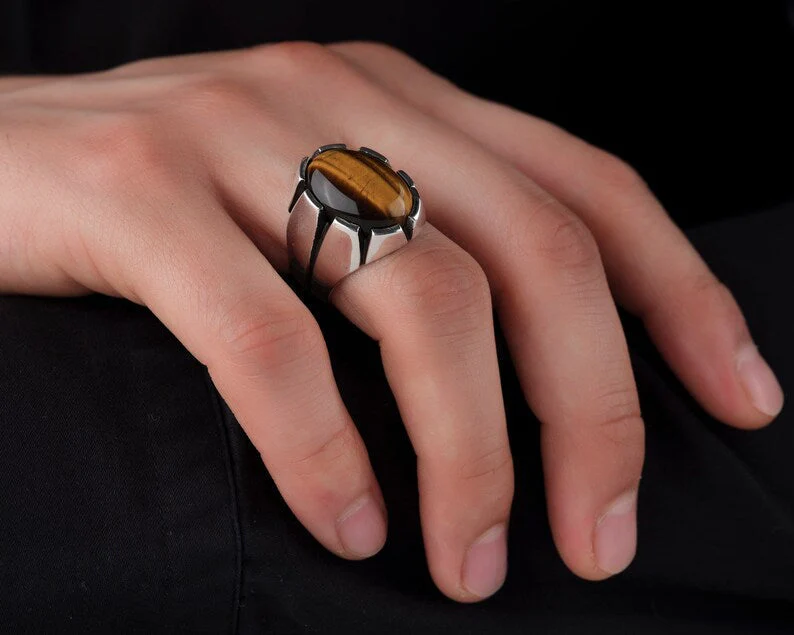 RARE PRINCE by CARAT SUTRA | Unique Designed Turkish Style Ring with Natural Tiger Eye  | 925 Sterling Silver Oxidized Ring | Men's Jewelry | With Certificate of Authenticity and 925 Hallmark - Image 3
