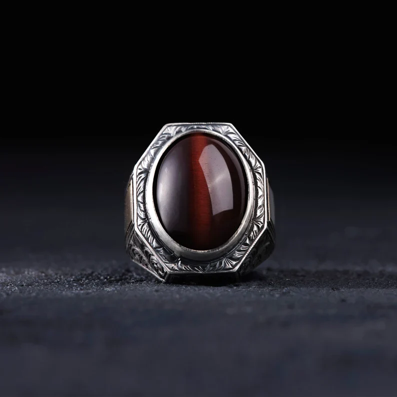 RARE PRINCE by CARAT SUTRA | Unique Designed Turkish Style Ring with Natural Tiger Eye | 925 Sterling Silver Oxidized Ring | Men's Jewelry | With Certificate of Authenticity and 925 Hallmark - Image 2