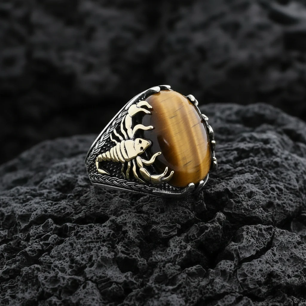 RARE PRINCE by CARAT SUTRA | Unique Designed Turkish Style Ring with Natural Tiger Eye | 925 Sterling Silver Oxidized Ring | Men's Jewelry | With Certificate of Authenticity and 925 Hallmark