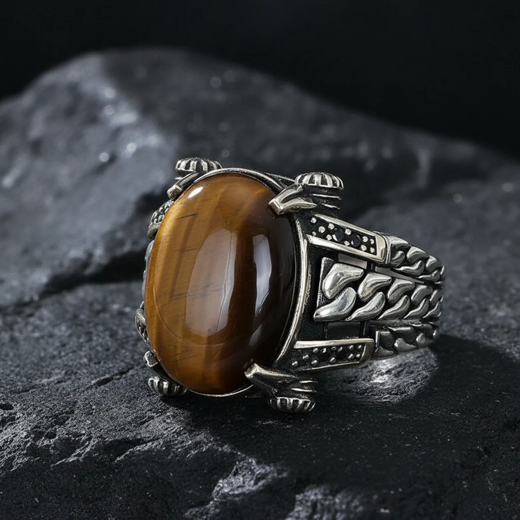 RARE PRINCE by CARAT SUTRA | Unique Designed Turkish Style Ring with Natural Tiger Eye | 925 Sterling Silver Oxidized Ring | Men's Jewelry | With Certificate of Authenticity and 925 Hallmark
